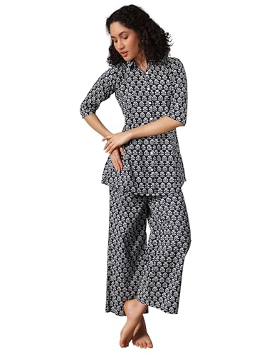 Libas Navy Blue Floral Printed A-Line Shirt With Printed Pajamas Night Suit