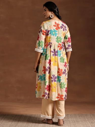 Libas Beige Printed Silk Blend A-Line Kurta With Palazzos