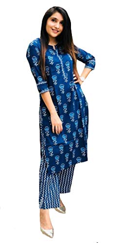 Anni Designer WomenS Pure Cotton Flower Print Kurta Plazzo Set (Blue,Xxl)