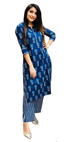 Anni Designer WomenS Pure Cotton Flower Print Kurta Plazzo Set (Blue,Xxl)