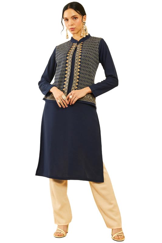 Soch Womens Navy Blue Acrylic Straight Winter Kurta With Jacket Overlay(Ww-Cwa3Ku60357A)