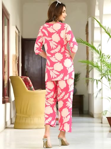 Pinkmint Womens Pure Cotton Co Ord Set L Printed Stylish Top & Bottom Set L Wide-Leg Pant Loungewear L Day-To-Night Comfort Wear