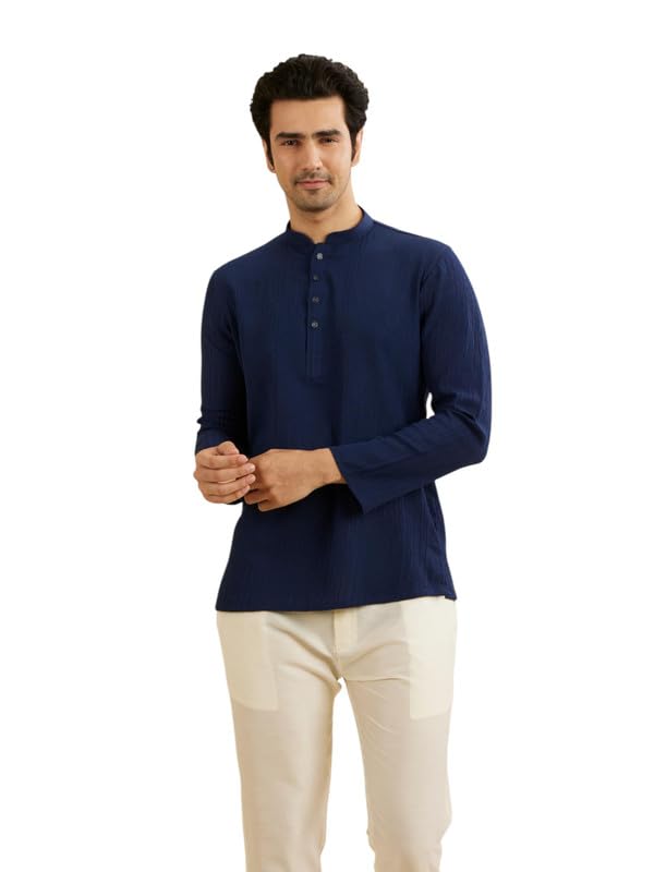 Manyavar MenS Spandex Textured Short Kurta (Dark Blue,Xl)