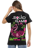 Bewakoof Official Squid Game Merchandise Womens Graphic Print Boyfriend Fit Half Sleeve Round Neck Cotton T-Shirt_683829_Black_