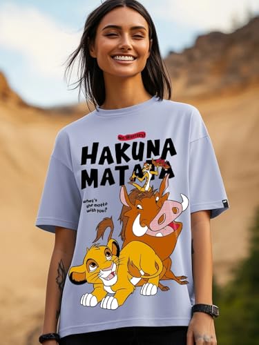 Bewakoof Official Disney Merchandise Hakuna Matata Womens Graphic Printed Oversized Fit Half Sleeve Round Neck Cotton T-Shirt_6