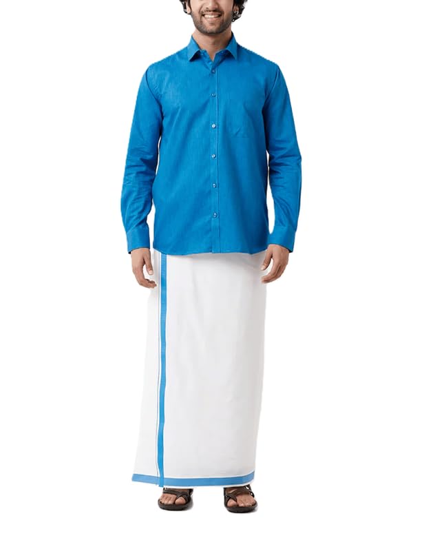 Ragini V Matching Shirt And Single Dhoti/Mundu/Lungi Set For Men Full Hand (Pure Cotton | Fancy Border Free Size (2 Mtr Dhoti))_ 38