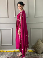 Shiv Textiles Embroidery Maroon Kurta Trousers With Dupatta Striped Viscose Art Silk Three-Quarter Sleeves Kurta Sets For Womens