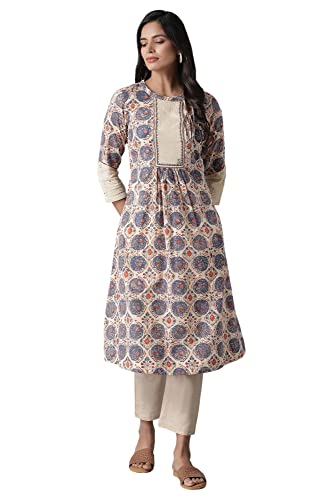 W For Woman Beige Gathered A-Line Hand Block Print Kurta_21Maf11028-910066_Xl
