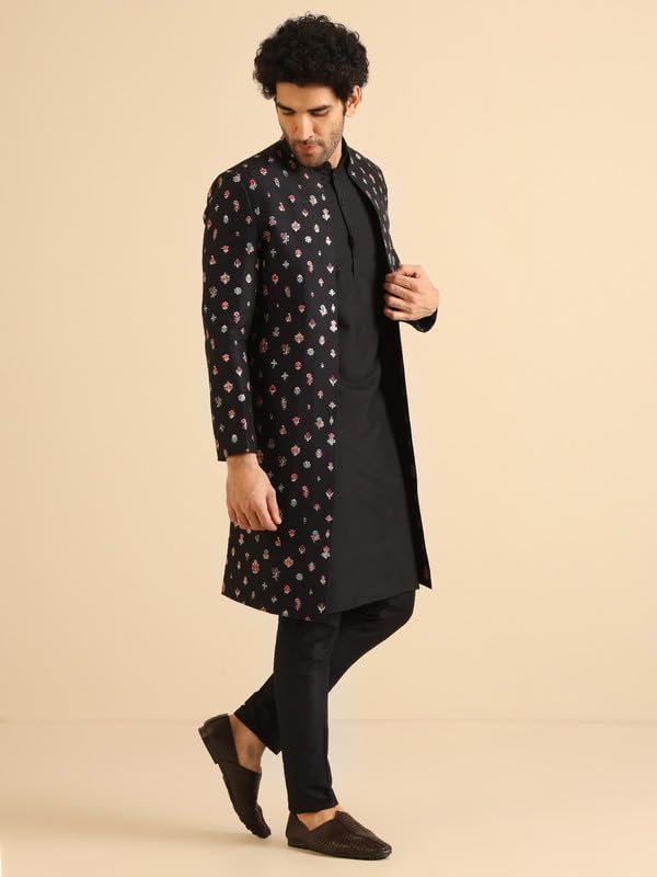 Kisah MenS Indo-Western Kurta Sherwani Trouser Set, Black Cotton Blend, Embroidered Regular Fit Mandarin Collar Long Sleeves (4