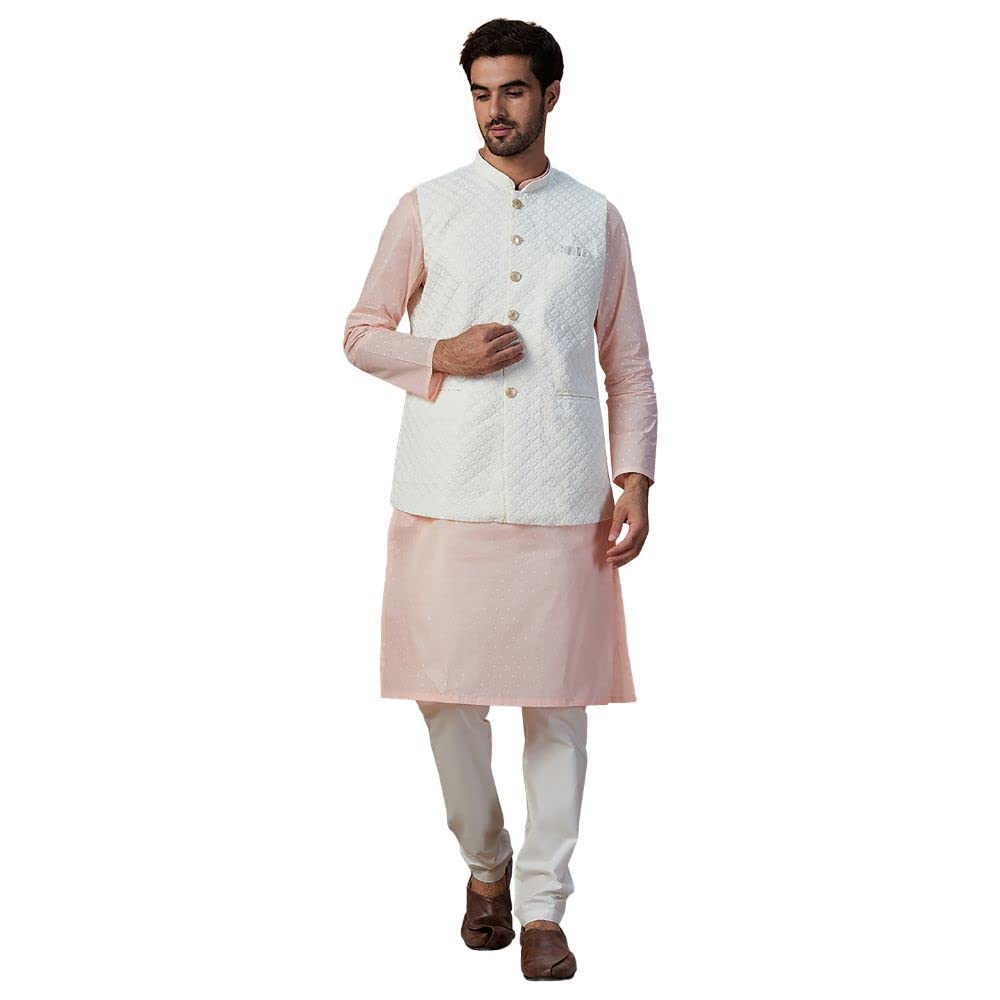 Manyavar Mens Jacket, Nehru Jacket For Men, Ethnic Jacket For Festival, Wedding Party, Sleevless Jacket Blended Cotton (Off Whit
