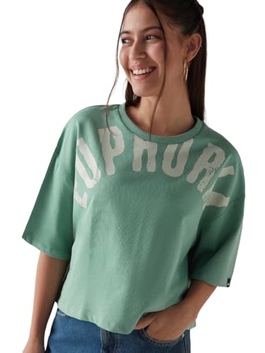 Bewakoof Womens Graphic Printed Oversized Fit Half Sleeve Round Neck Terry Short Top_637476_Green_XS