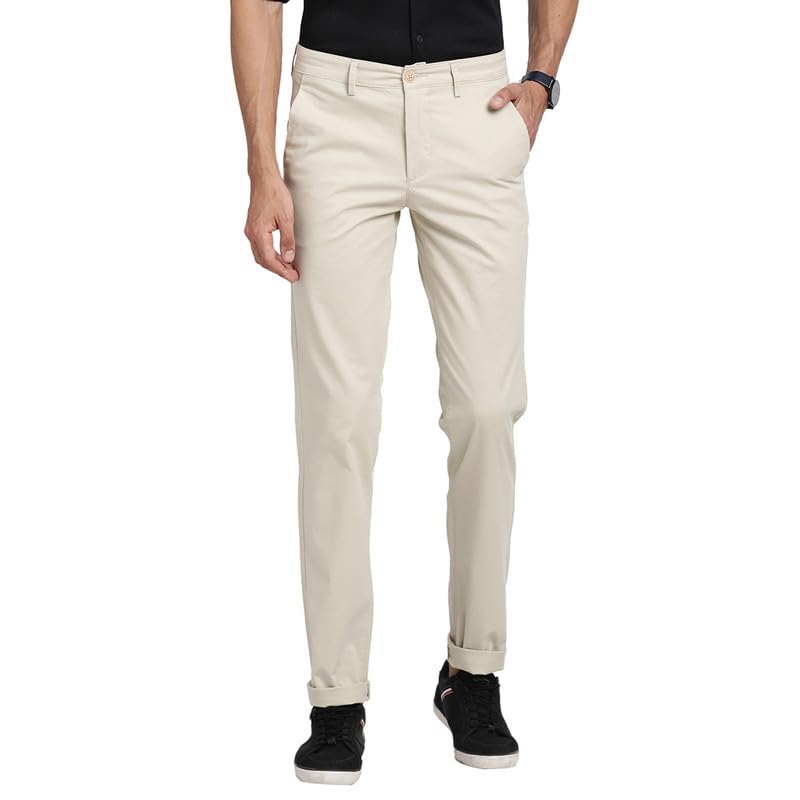 Turtle Men Cotton Stretch Cream Solid Ultra Slim Fit Casual Trouserss