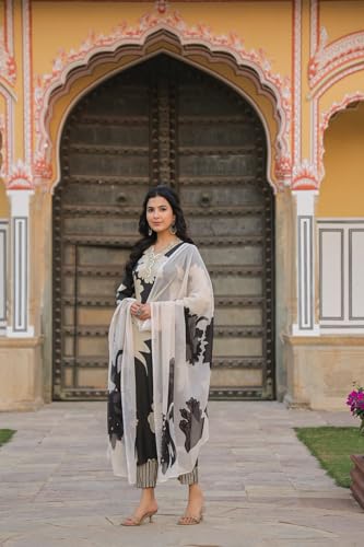ANNI DESIGNER Womens Cotton Blend Straight Printed Kurta with Pant & Dupatta (5jee Black_M_Blue_Medium)