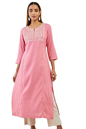 Soch Pink Rayon Textured Kurta With Embroidered Designs