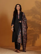 Varanga Women Mandarin Collar Embroidered Straight Kurta With Trouser & Floral Printed Dupatta