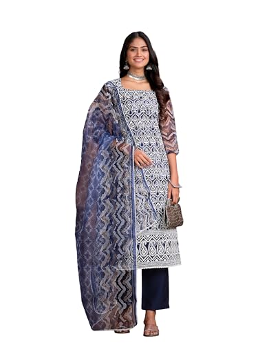 Ishin Women Navy Blue Ethnic Motifs Embroidered Square Neck Chikankari Kurta Set| Kurta With Trousers & Dupatta|Kurta Sets For W