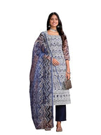 Ishin Women Navy Blue Ethnic Motifs Embroidered Square Neck Chikankari Kurta Set| Kurta With Trousers & Dupatta|Kurta Sets For W