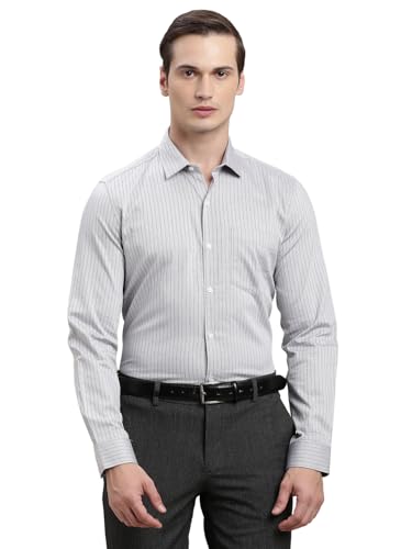 Turtle Men Grey Slim Fit Stripes Pure Cotton Formal Shirt