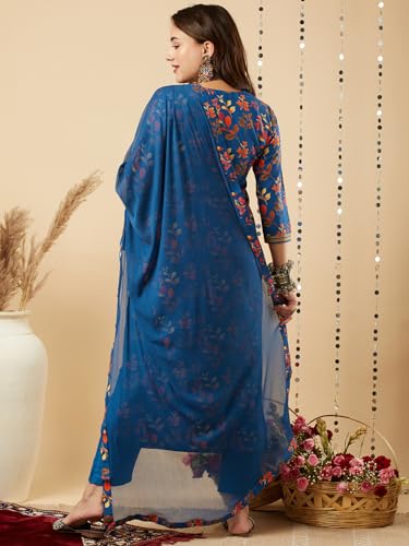 ANNI DESIGNER Womens Cotton Blend Printed Straight Kurta and Pant with Dupatta Set (KALEPING-KEROSIN-NW_XXL_Dark Blue_XX-Large)