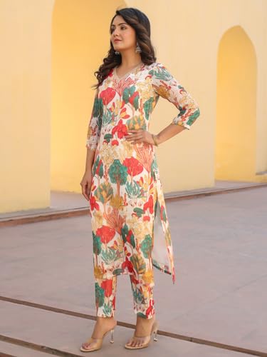 ANNI DESIGNER Womens Rayon Blend Straight Fit Printed Kurta with Pant (Samlok White_XXL_White_XX-Large)