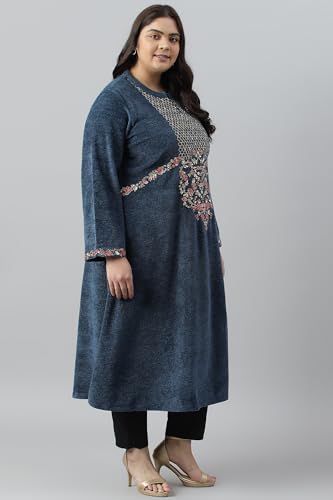 W For Woman Dark Blue Embroidered Plus Size Winter Kurta