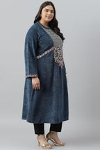 W For Woman Dark Blue Embroidered Plus Size Winter Kurta