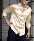 Indoprimo MenS Casual Button Down Long Sleeve Satin Plain Shirt Cream