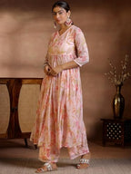 Libas Womens Printed Chiffon A-Line Kurta With Palazzos And Dupatta