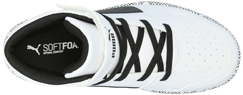 PUMA Rebound Layup Mid Hook and Loop Sneaker, White Black, 13 US Unisex Little Kid