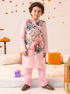 Pspeaches Boys Printed Pure Cotton Kurta With Pyjamas And Nehru Jacket