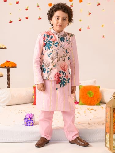 Pspeaches Boys Printed Pure Cotton Kurta With Pyjamas And Nehru Jacket