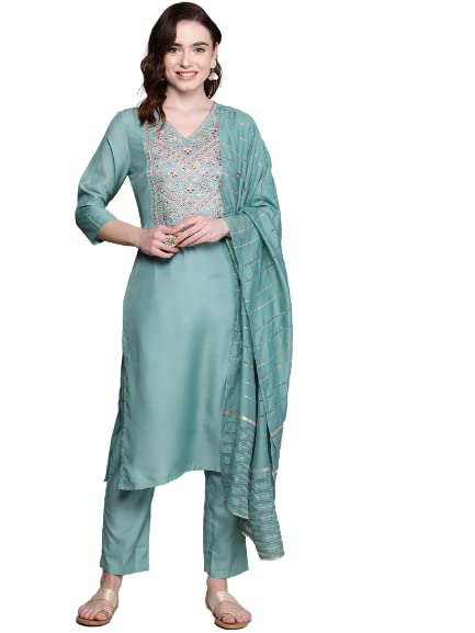 Anubhutee Women'S Rayon Sea Green Ethnic Motifs Embroidered Straight Kurta Suit Set With Pants And Dupatta