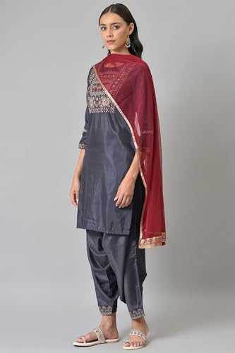 W For Woman Grey Solid Shantung Kurta With Salwar & Dupatta