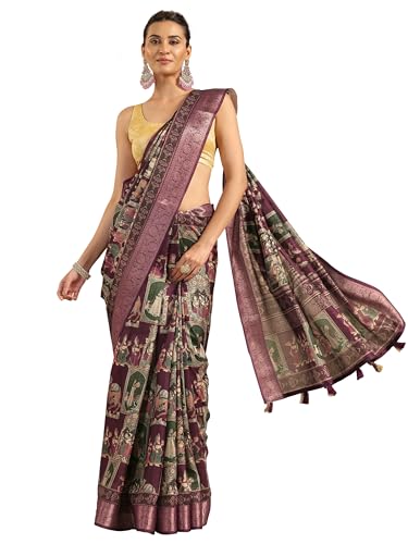 Burgundy Kalamkari Printed Silk Blend Saree With Unstitched Blouse Piece