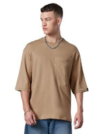 Bewakoof Mens Solid Super Loose Fit Half Sleeve Round Neck Terry T-Shirt 597313 Brown_M