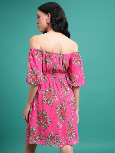 Ketch WomenS Polyester Fit And Flare Mini Dress (Khj6000618_Pink/Green Multi