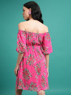 Ketch WomenS Polyester Fit And Flare Mini Dress (Khj6000618_Pink/Green Multi