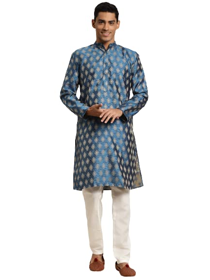 SOJANYA (Since 1958 Mens Silk Blend Booti Jacquard Peacock blue Kurta & Off-White Churidar Pyjama Set