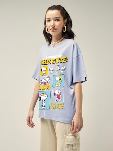 Bewakoof Official Peanuts Merchandise Womens Graphic Printed Oversized Fit Half Sleeve Round Neck Cotton T-Shirt_629619_Baby La