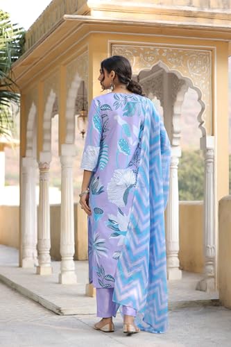 ANNI DESIGNER Womens Cotton Blend Straight Printed Kurta with Pant & Dupatta (Sohini Purple_M_Purple_Medium)