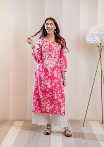 ANNI DESIGNER Womens Cotton Blend Chikankari Embroidered Straight Kurta (Zainab Pink-NW_S_Pink_Small)