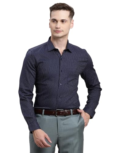 Turtle Men Blue Regular Fit Stripes Pure Cotton Formal Shirt