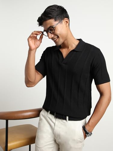 Nobero MenS Self Design Regular Fit Polo Shirt (1M-Twpo-R0013_Black