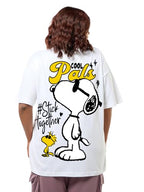 Bewakoof Official Peanuts Merchandise Snoopy Womens Graphic Printed Oversized Fit Half Sleeve Round Neck Cotton Jersey Plus Siz