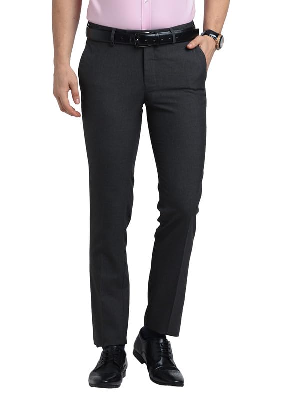 Turtle Men Poly Viscose Charcoal Grey Solid Slim Fit Formal Trouser