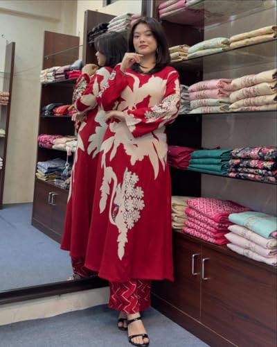 ANNI DESIGNER Womens Cotton Blend Straight Printed Kurta with Palazzo (Cukari Red_M_Red_Medium)