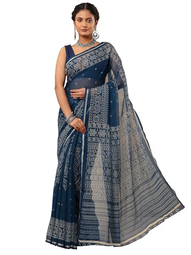 Navy Blue Bandhani Printed Chiffon Saree With Unstitched Blouse Piece