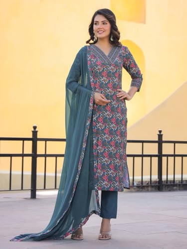 ANNI DESIGNER Womens Rayon Blend Straight Printed Kurta with Pant & Dupatta (Shaniya Grey_S_Grey_Small)