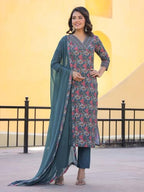 ANNI DESIGNER Womens Rayon Blend Straight Printed Kurta with Pant & Dupatta (Shaniya Grey_S_Grey_Small)