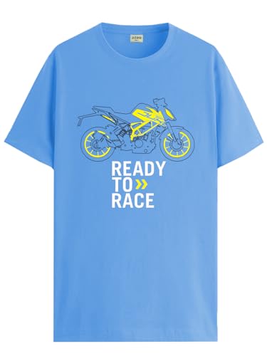 ADRO Mens Biker Design Printed 100% Cotton T-Shirt - Regular Fit, Printed T-Shirts for Men (RN24-KTM-SK_Sky Blue_M)